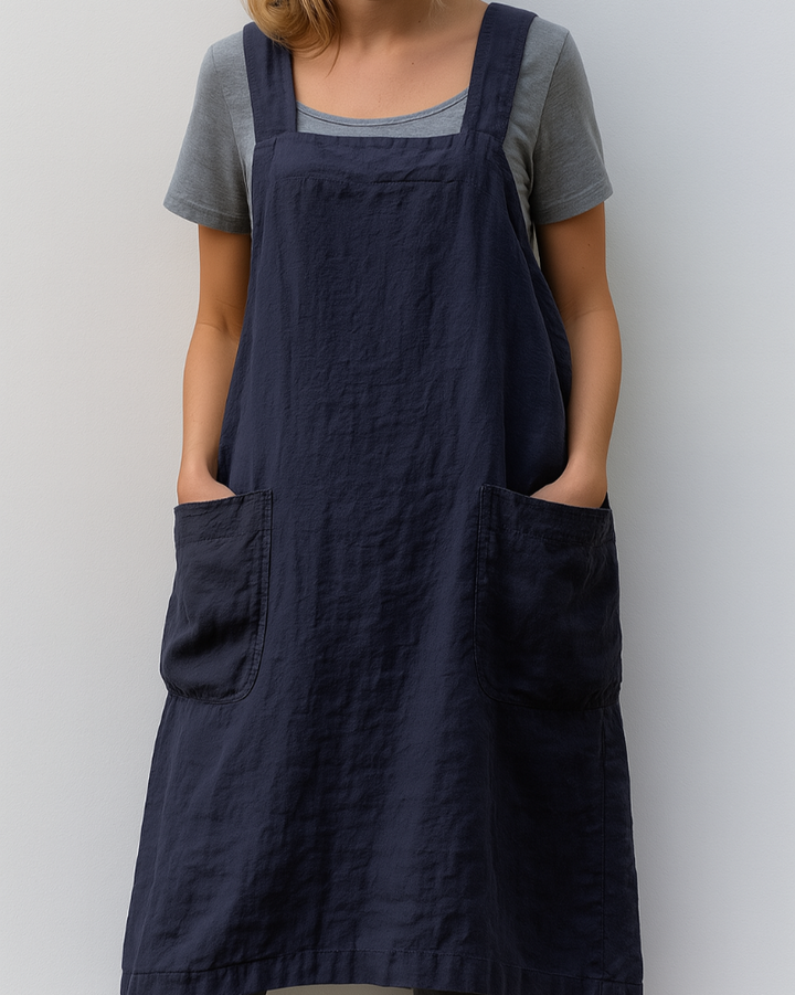 Damenkleid im Stil einer Baumwoll-Leinen-Schürze mit Taschen