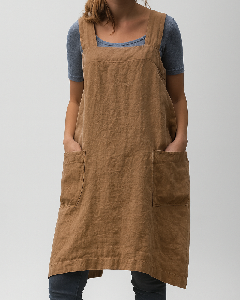 Damenkleid im Stil einer Baumwoll-Leinen-Schürze mit Taschen
