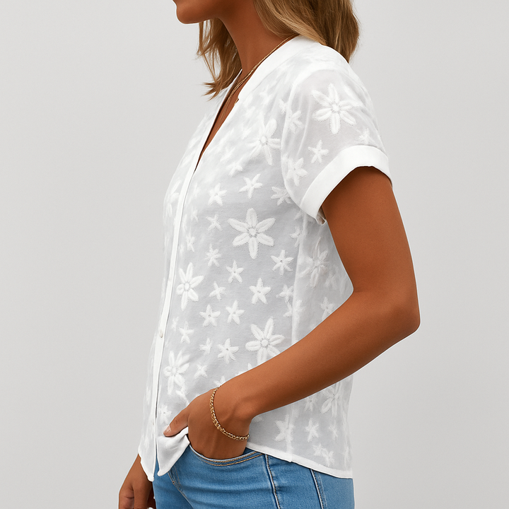 Damenbluse mit kurzen Ärmeln und Blumenmuster