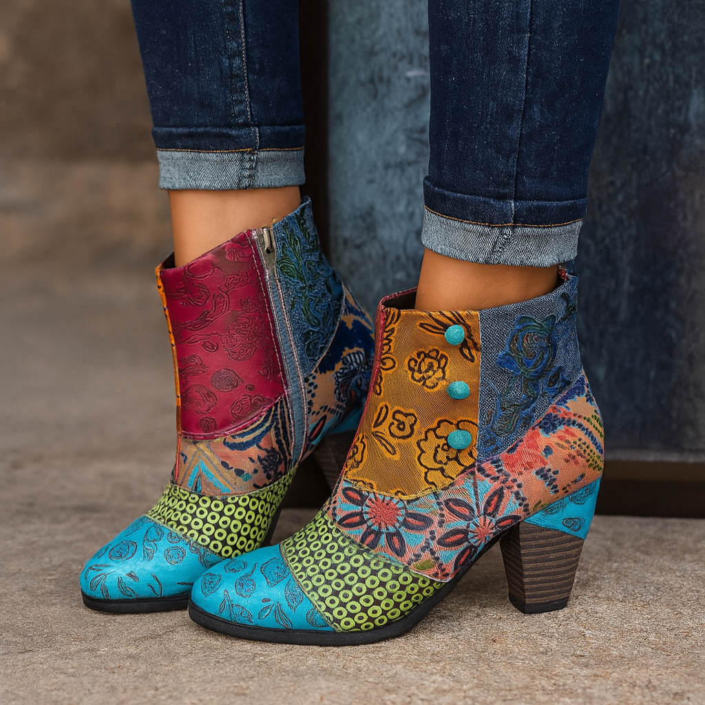 Geprägtes Blumenleder mit klobigem Absatz und Vintage-Charme