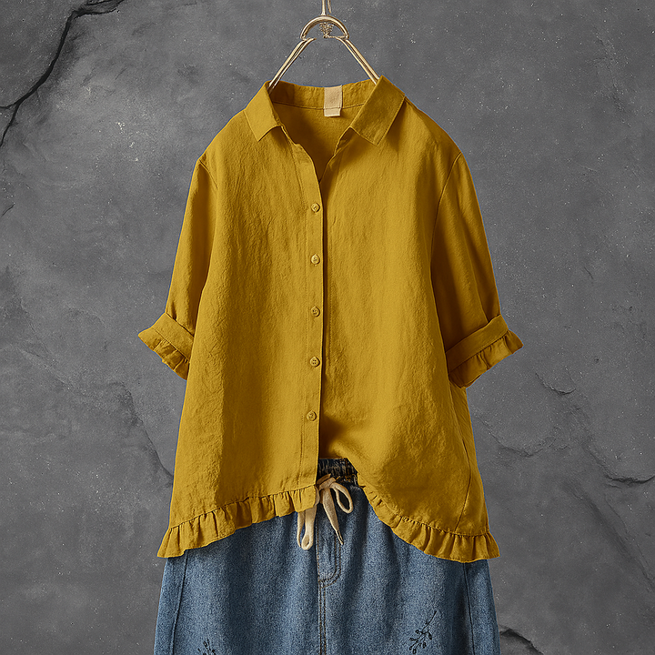 Baumwollbluse mit Knopfleiste und gerüschtem Saum