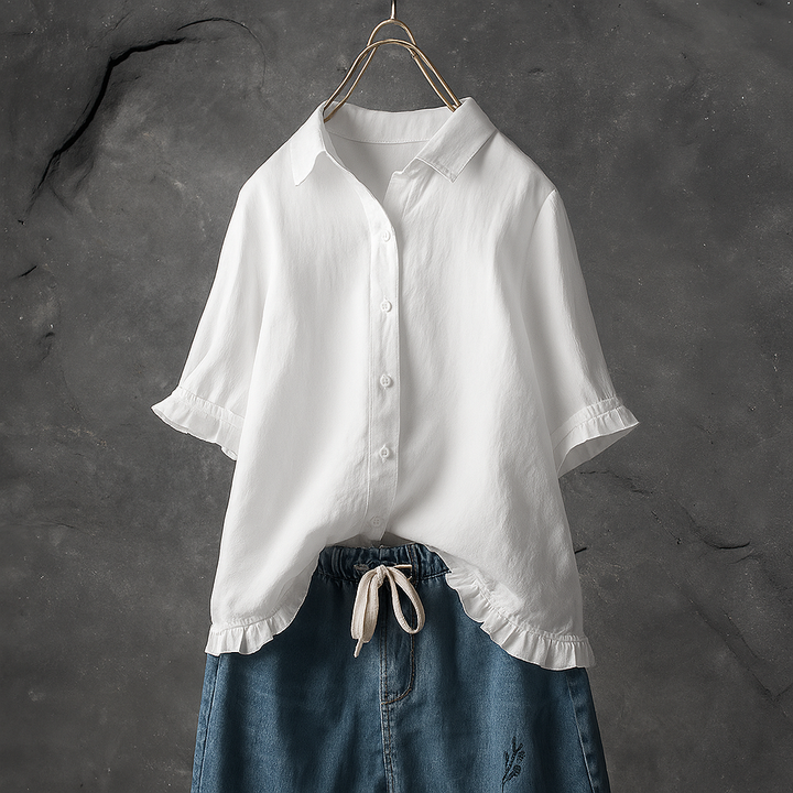 Baumwollbluse mit Knopfleiste und gerüschtem Saum