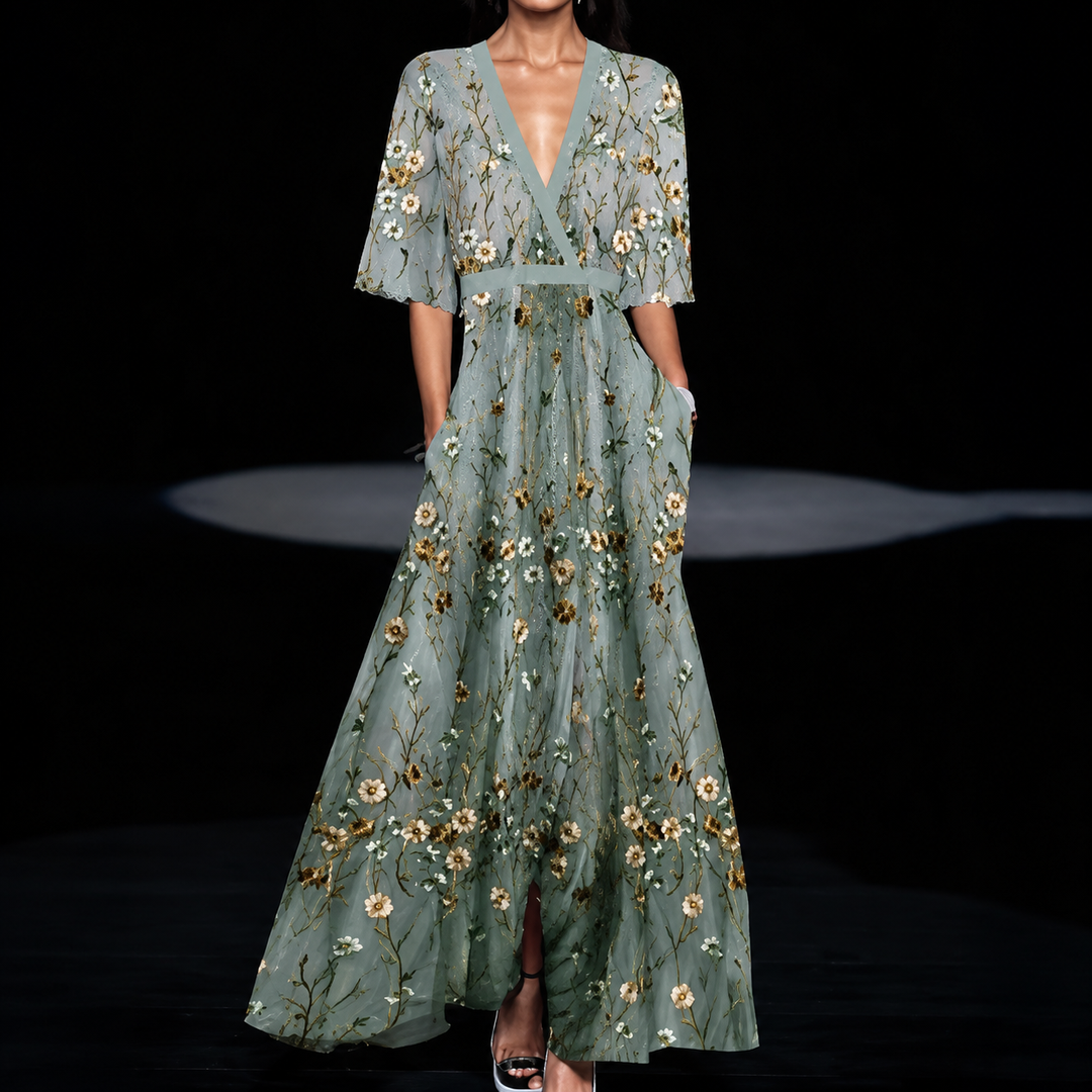 Damen Blumen V-Ausschnitt Geteiltes Maxikleid