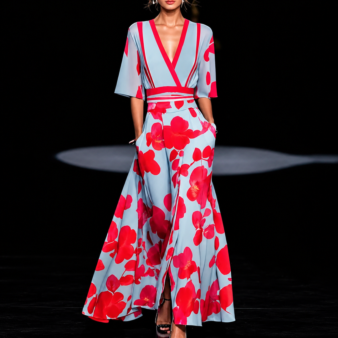 Damen Blumen V-Ausschnitt Geteiltes Maxikleid