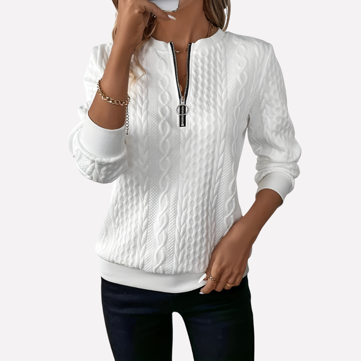 Damen Kabelstrickpullover mit Reißverschluss am Kragen