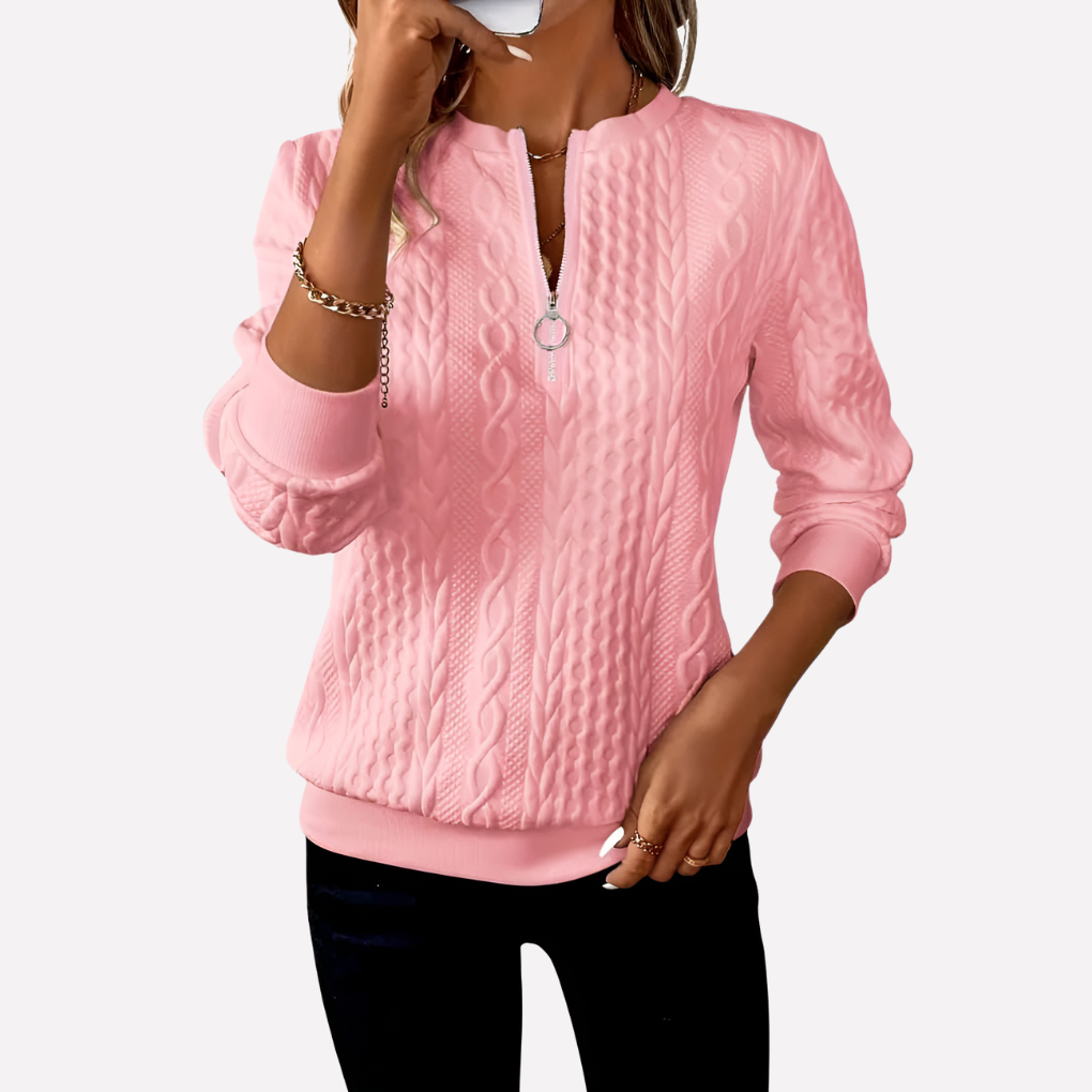 Damen Kabelstrickpullover mit Reißverschluss am Kragen