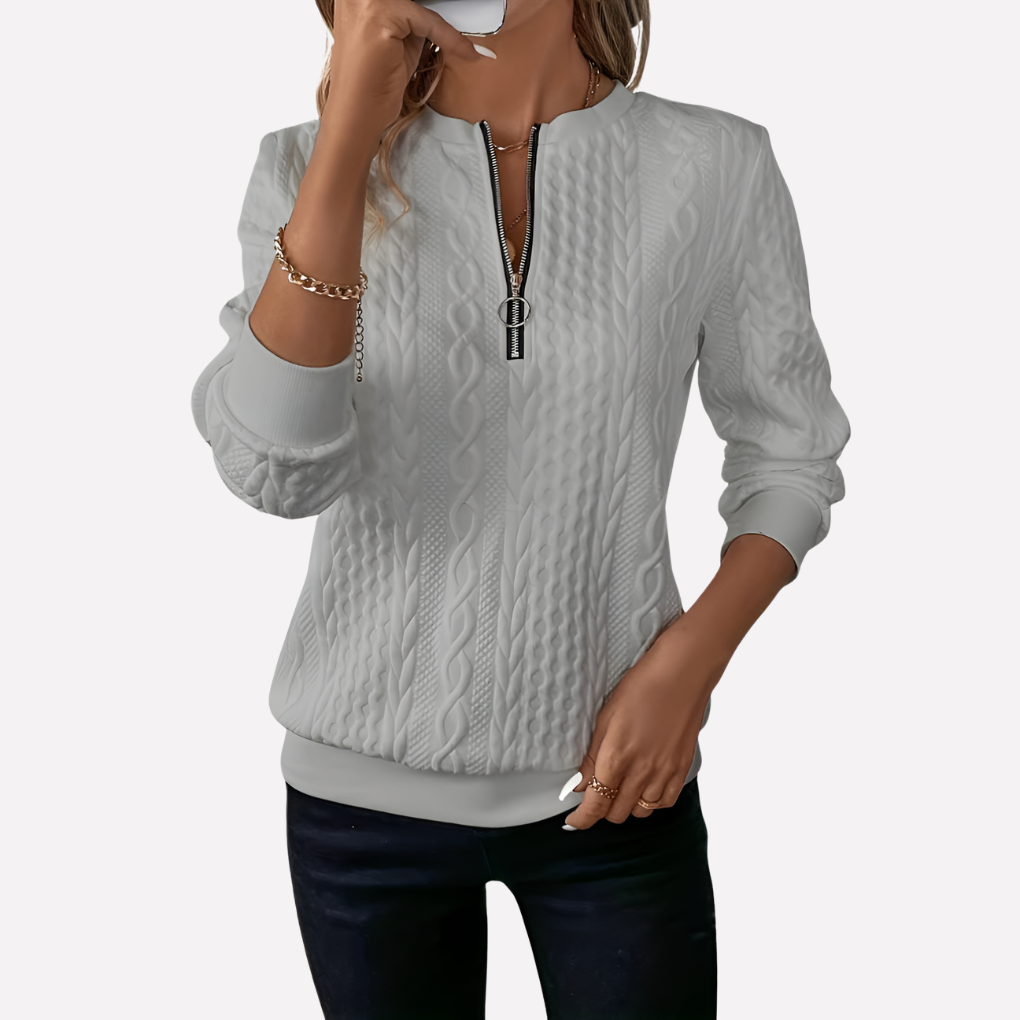 Damen Kabelstrickpullover mit Reißverschluss am Kragen