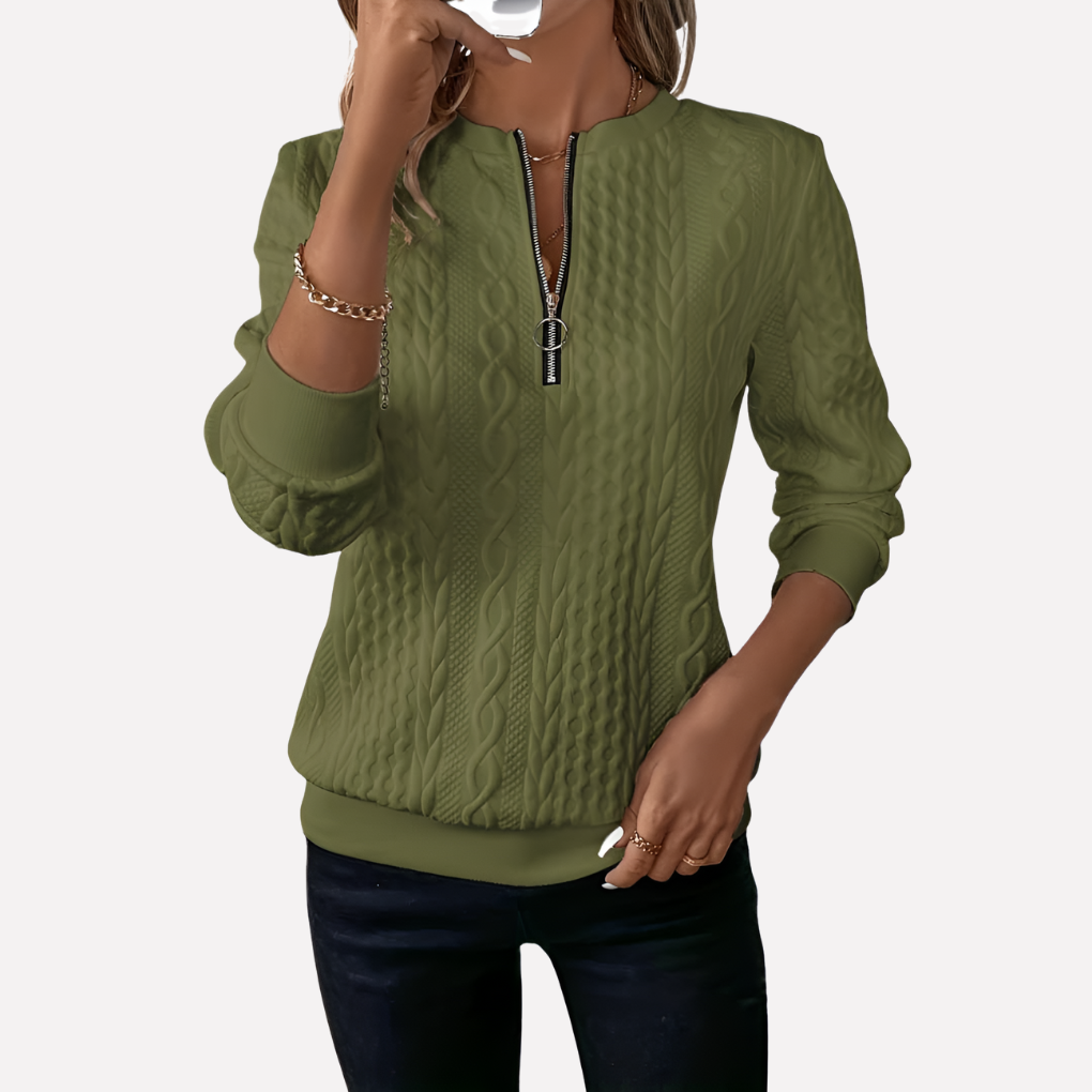 Damen Kabelstrickpullover mit Reißverschluss am Kragen