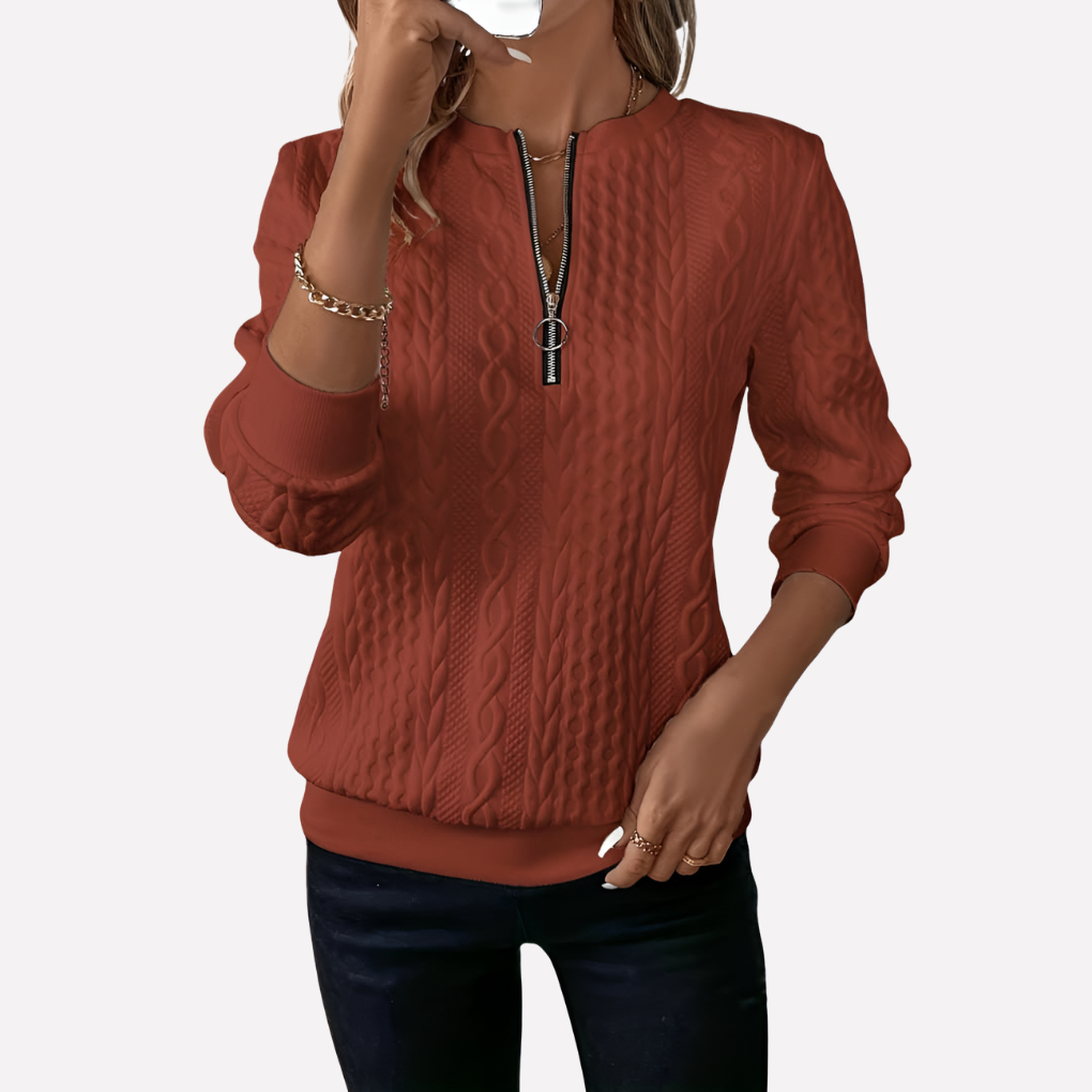 Damen Kabelstrickpullover mit Reißverschluss am Kragen