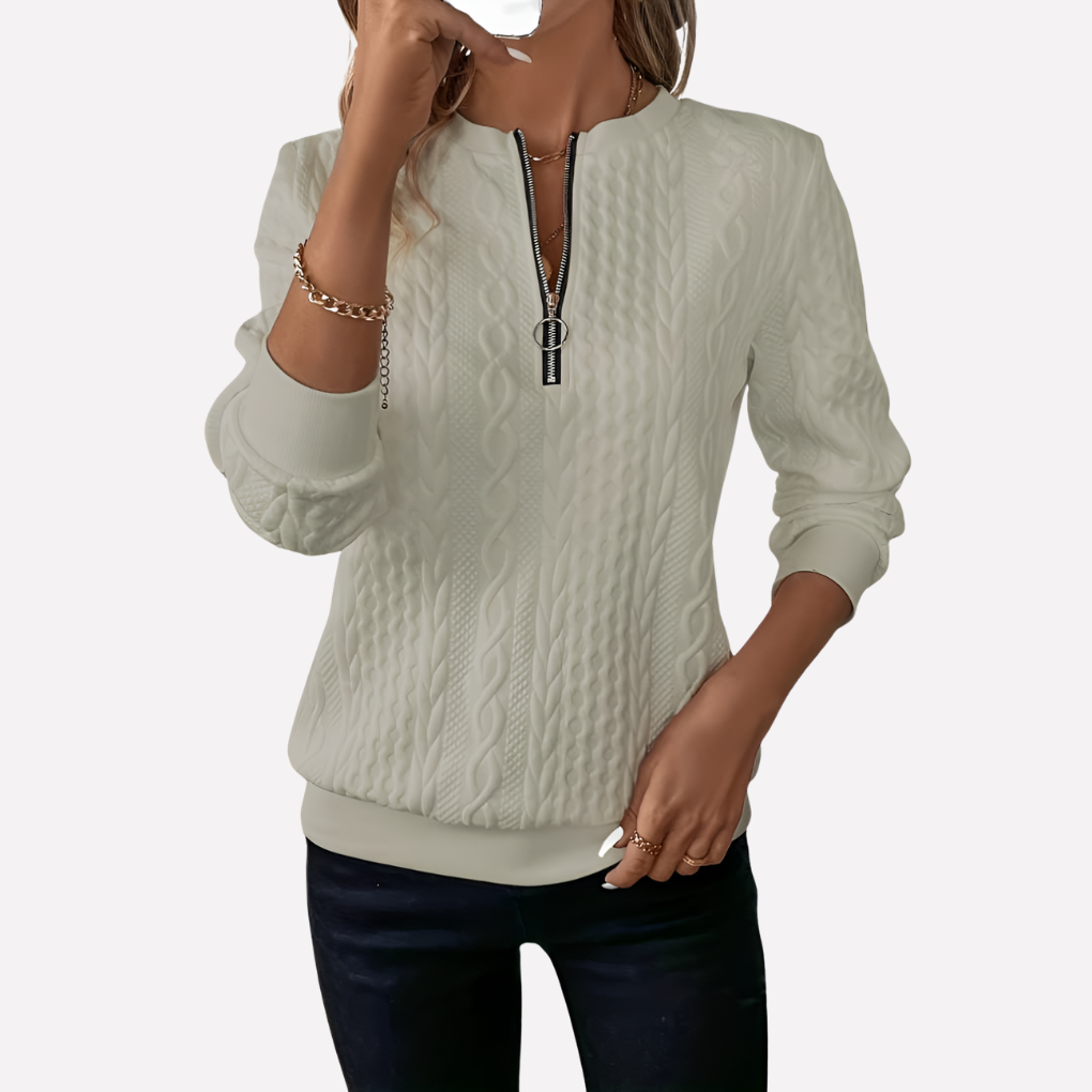 Damen Kabelstrickpullover mit Reißverschluss am Kragen