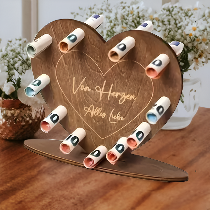 Herzförmige Holz-Liebesbrief- & Cash-Geschenkbox