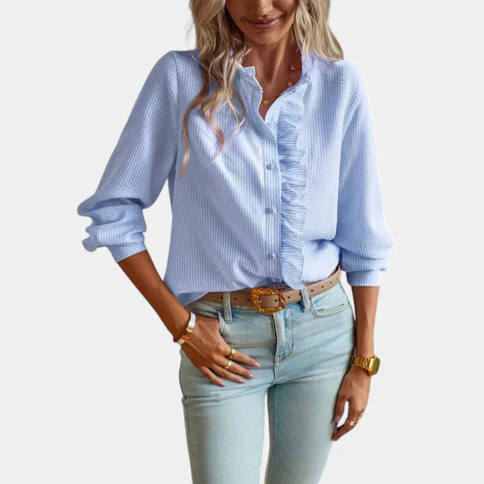 Gestreifte Damenbluse mit Rüschen und elegantem Knopfverschluss