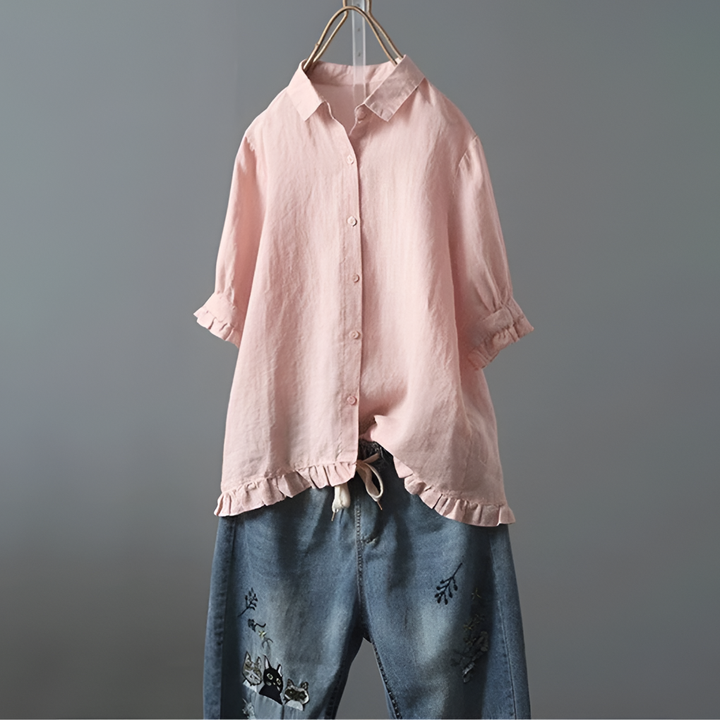 Baumwollbluse mit Knopfleiste und gerüschtem Saum