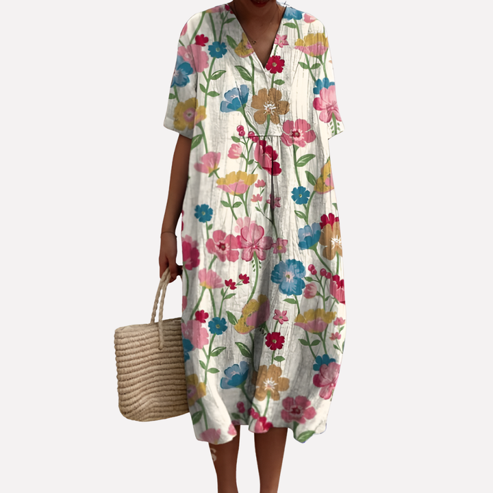 Damen Florale Sommerkleid – V-Ausschnitt & Kurze Ärmel