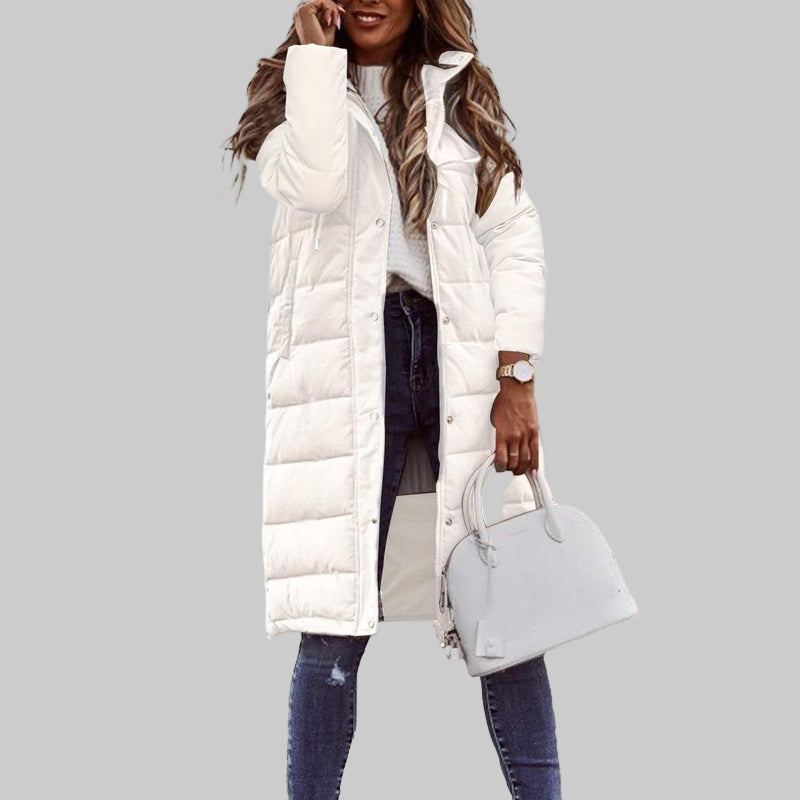Gesteppte lange Jacke mit Kapuze für Damen