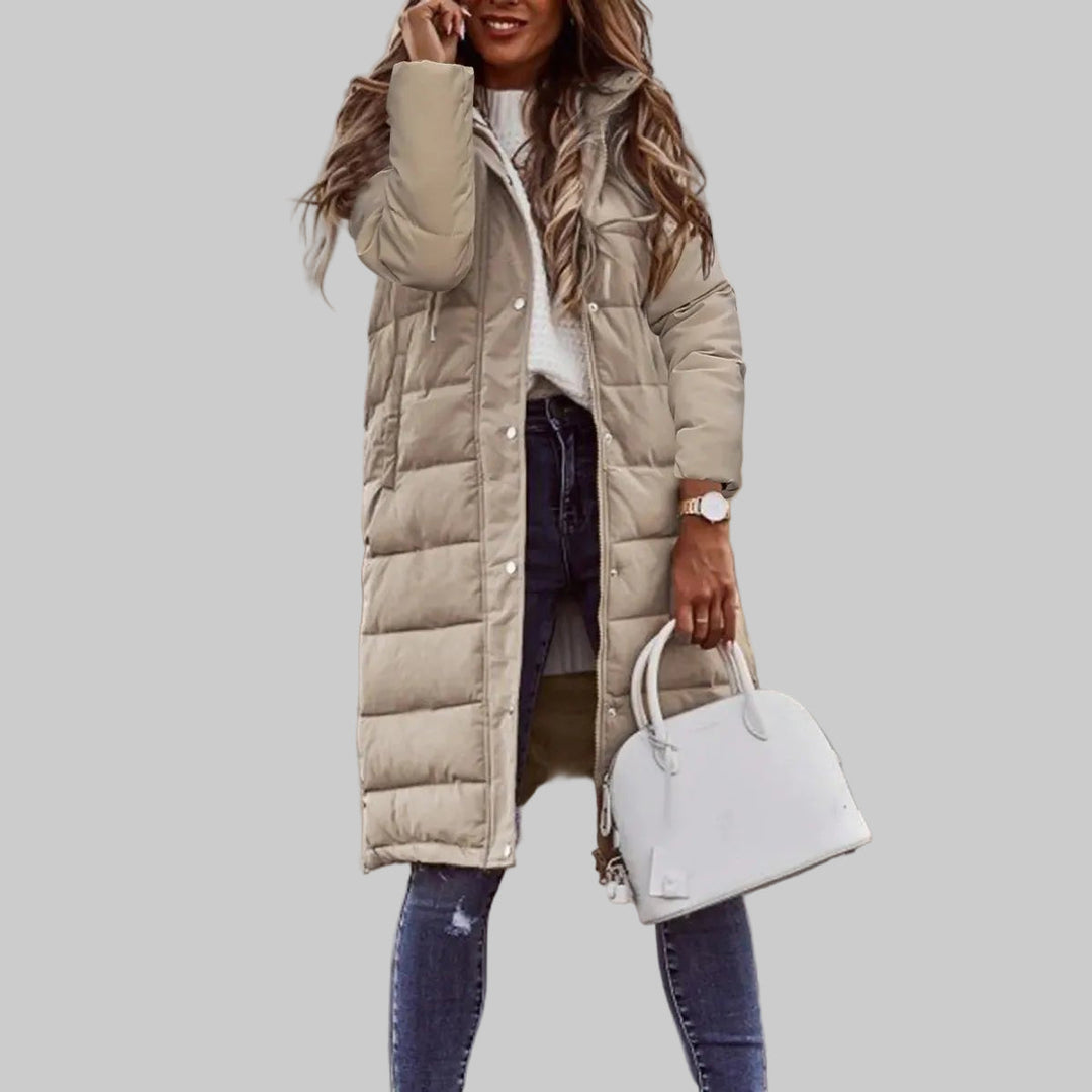 Gesteppte lange Jacke mit Kapuze für Damen