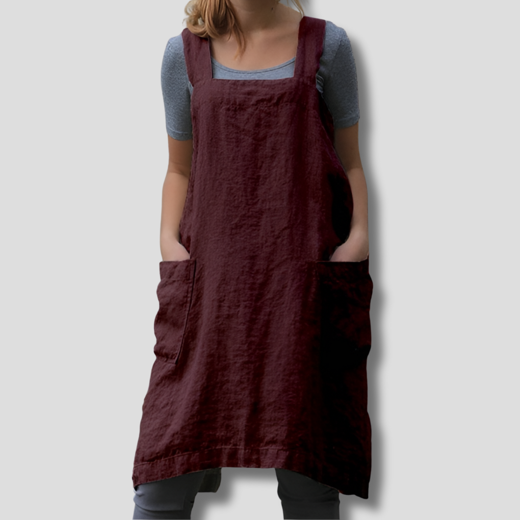 Damenkleid im Stil einer Baumwoll-Leinen-Schürze mit Taschen