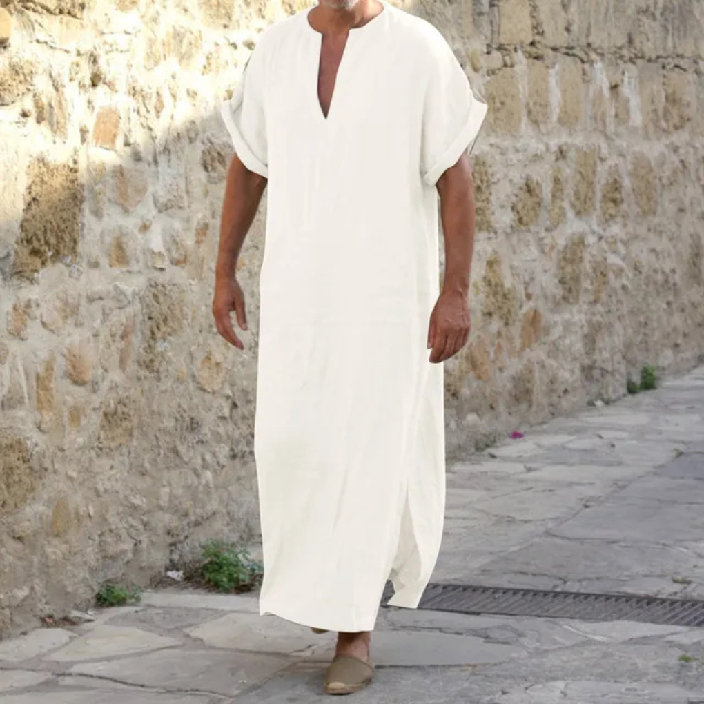 Weiße Djellaba für Herren – Lange Robe mit V-Ausschnitt