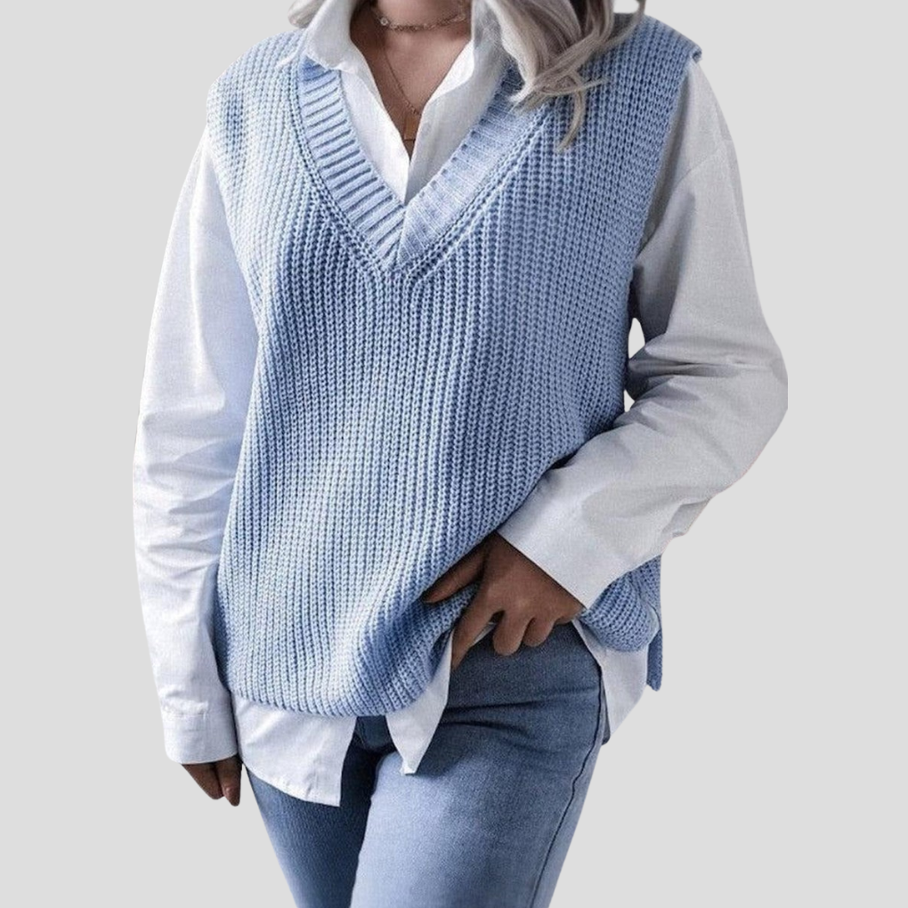 Blauer ärmelloser Pullover mit V-Ausschnitt für Damen