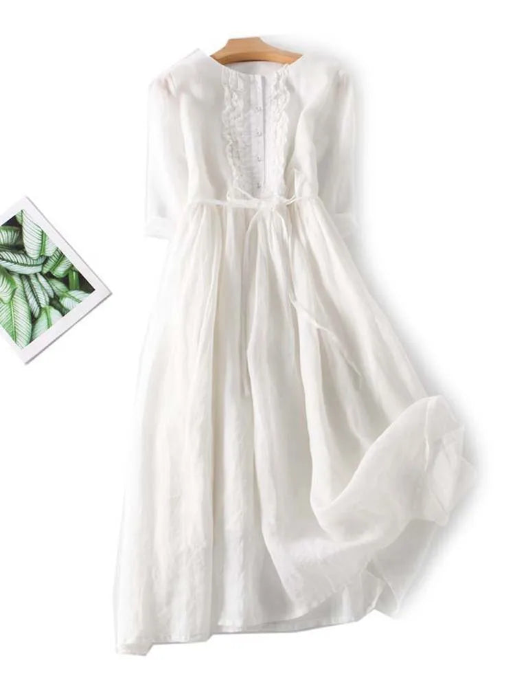 Stilvolles Leinenkleid mit Knopfleiste und V-Ausschnitt