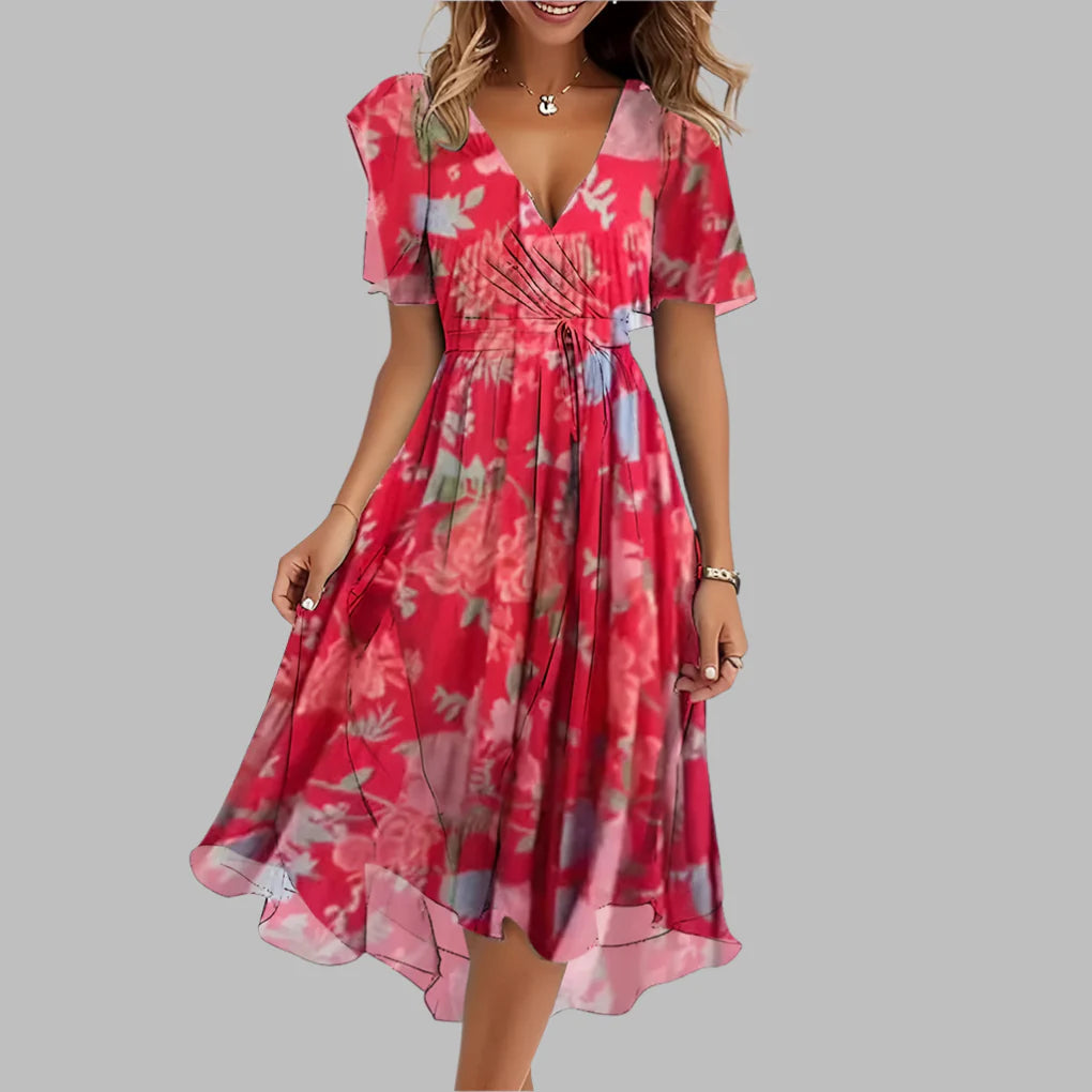 Modisches Midikleid für Damen mit Blumenmuster und Rüschen