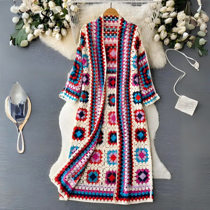 Lange bunte Strickjacke
