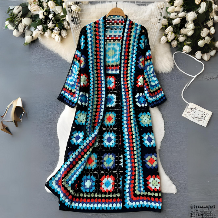 Lange bunte Strickjacke