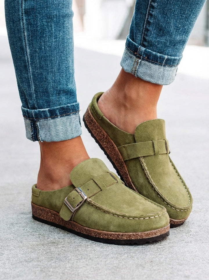 Flache Mules mit Retro-Schnalle für Damen