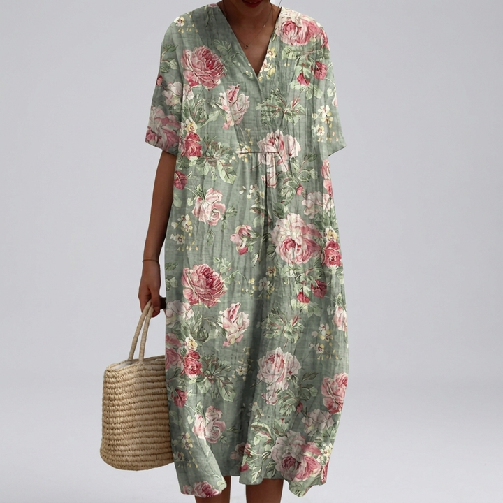 Damen Florale Sommerkleid – V-Ausschnitt & Kurze Ärmel