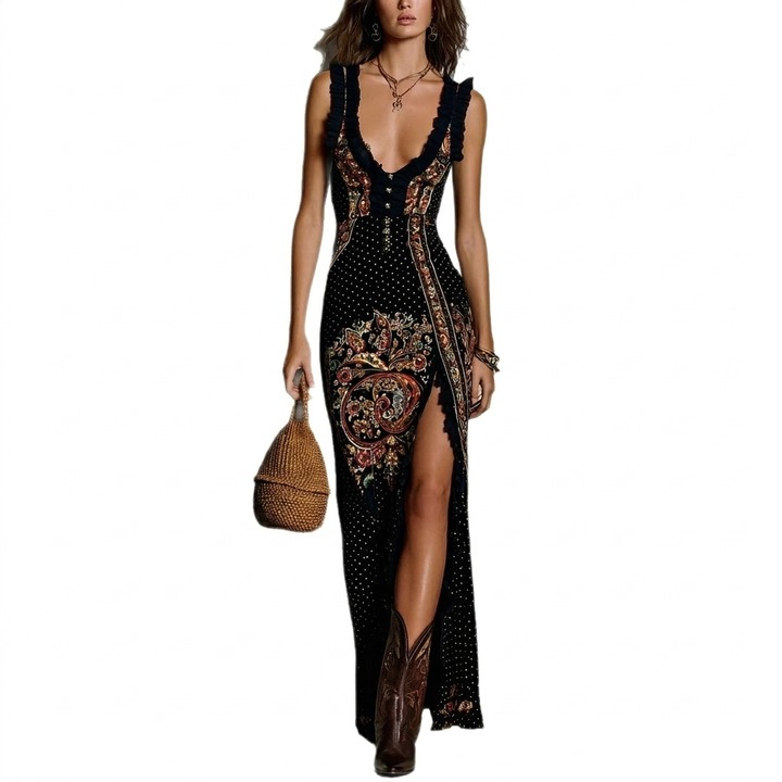 Elegantes Aermelloses Tanktop Geteiltes Langes Rockkleid