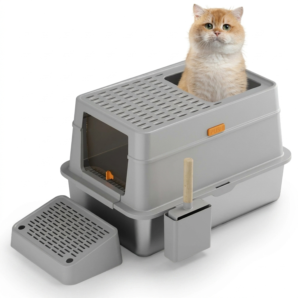 Große komplett geschlossene Katzentoilette aus Edelstahl