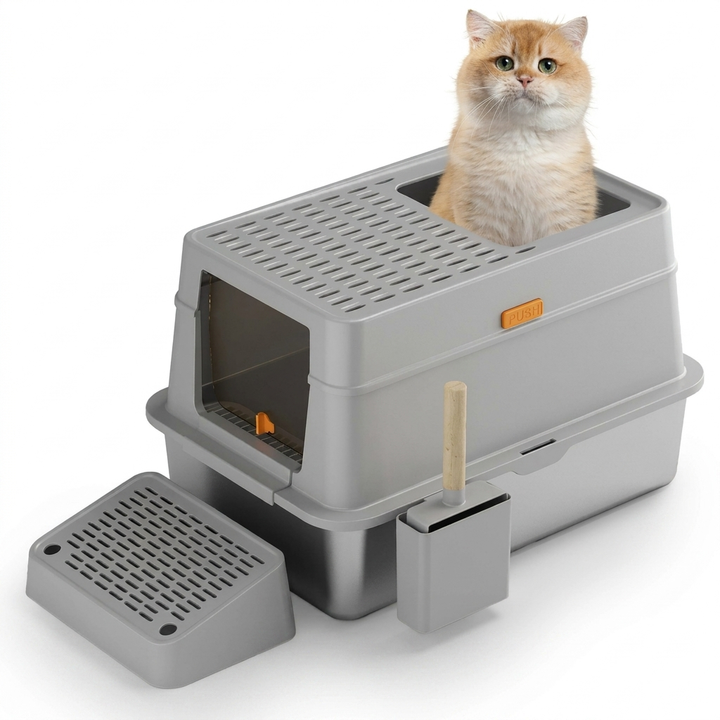 Große komplett geschlossene Katzentoilette aus Edelstahl