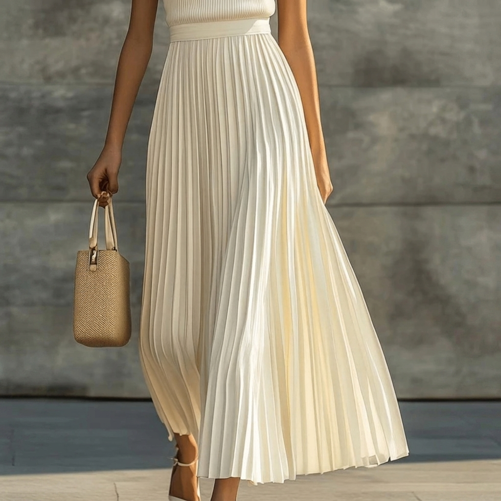 Damen Stilvolles Creme Plissee Maxikleid
