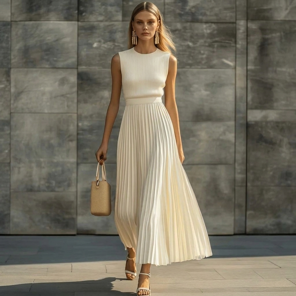 Damen Stilvolles Creme Plissee Maxikleid