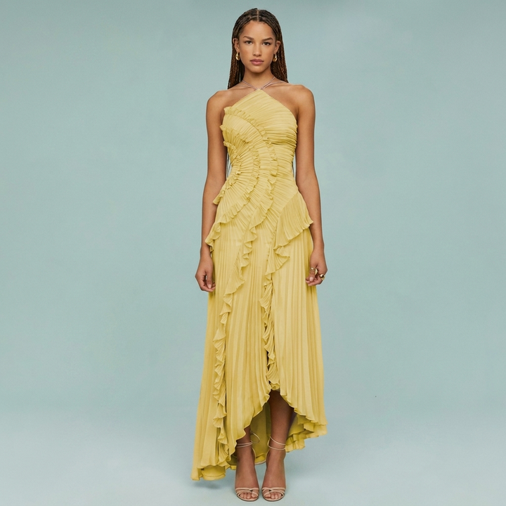 Damen Rüschen Plissee Halter Kleid mit Asymmetrischem Saum