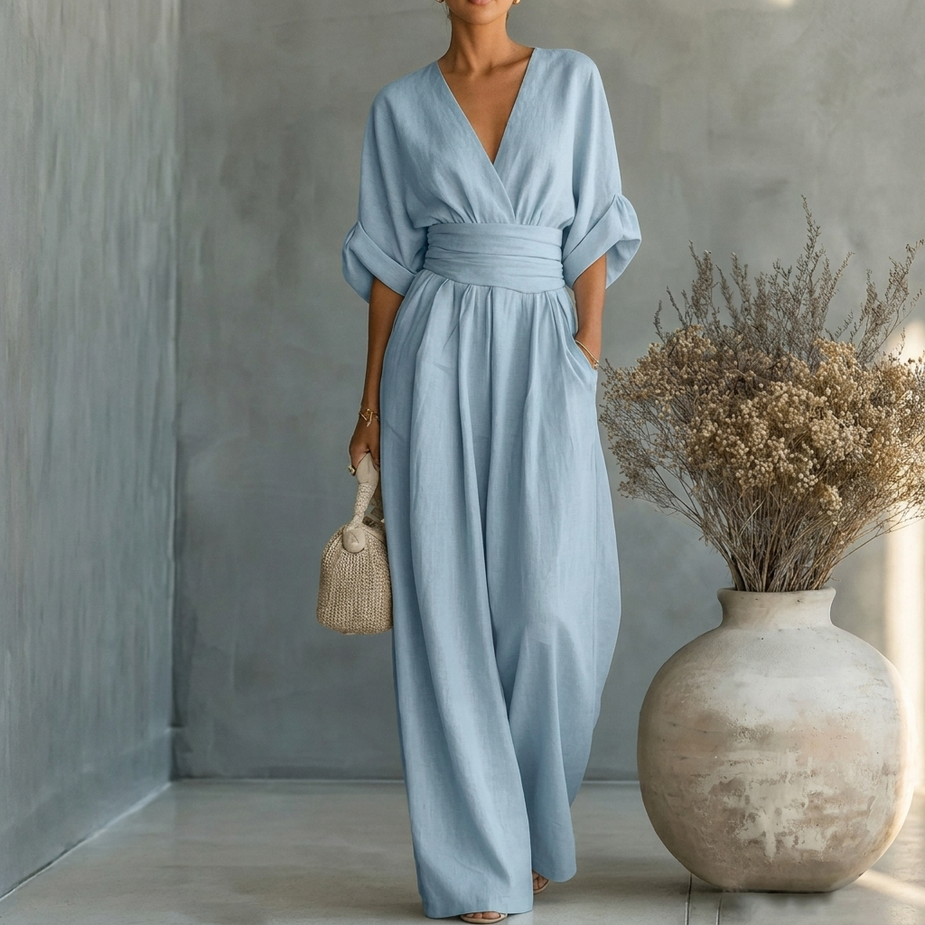 Damen Sommer Jumpsuit mit V-Ausschnitt und weitem Bein