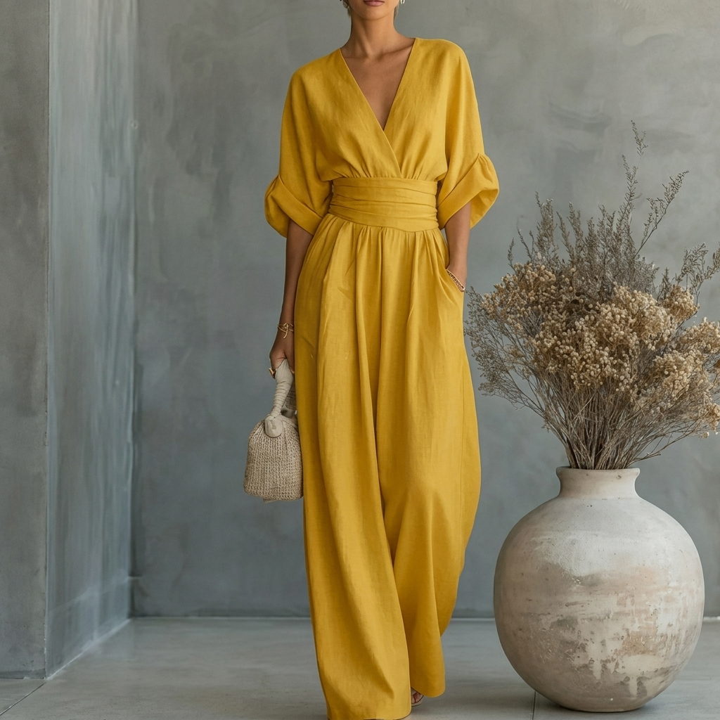 Damen Sommer Jumpsuit mit V-Ausschnitt und weitem Bein