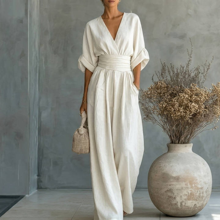 Damen Sommer Jumpsuit mit V-Ausschnitt und weitem Bein
