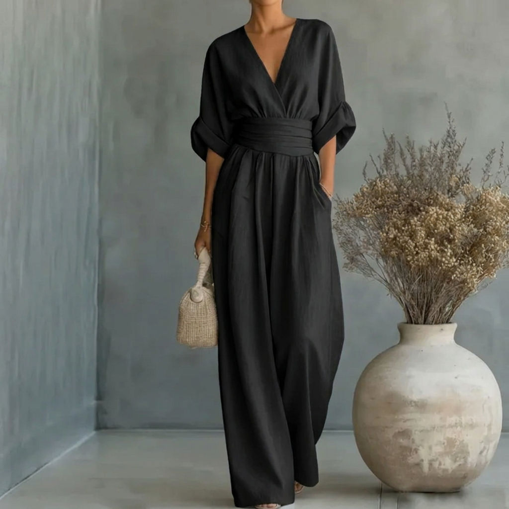Damen Sommer Jumpsuit mit V-Ausschnitt und weitem Bein