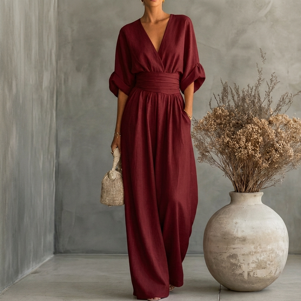 Damen Sommer Jumpsuit mit V-Ausschnitt und weitem Bein