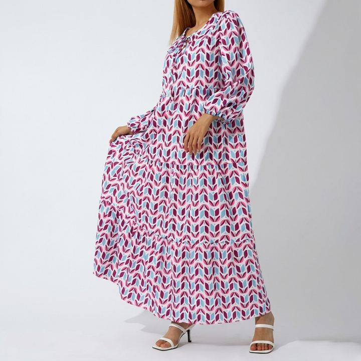 Vintage Blumenmuster V-Ausschnitt Kurze Ärmel Langes Kleid
