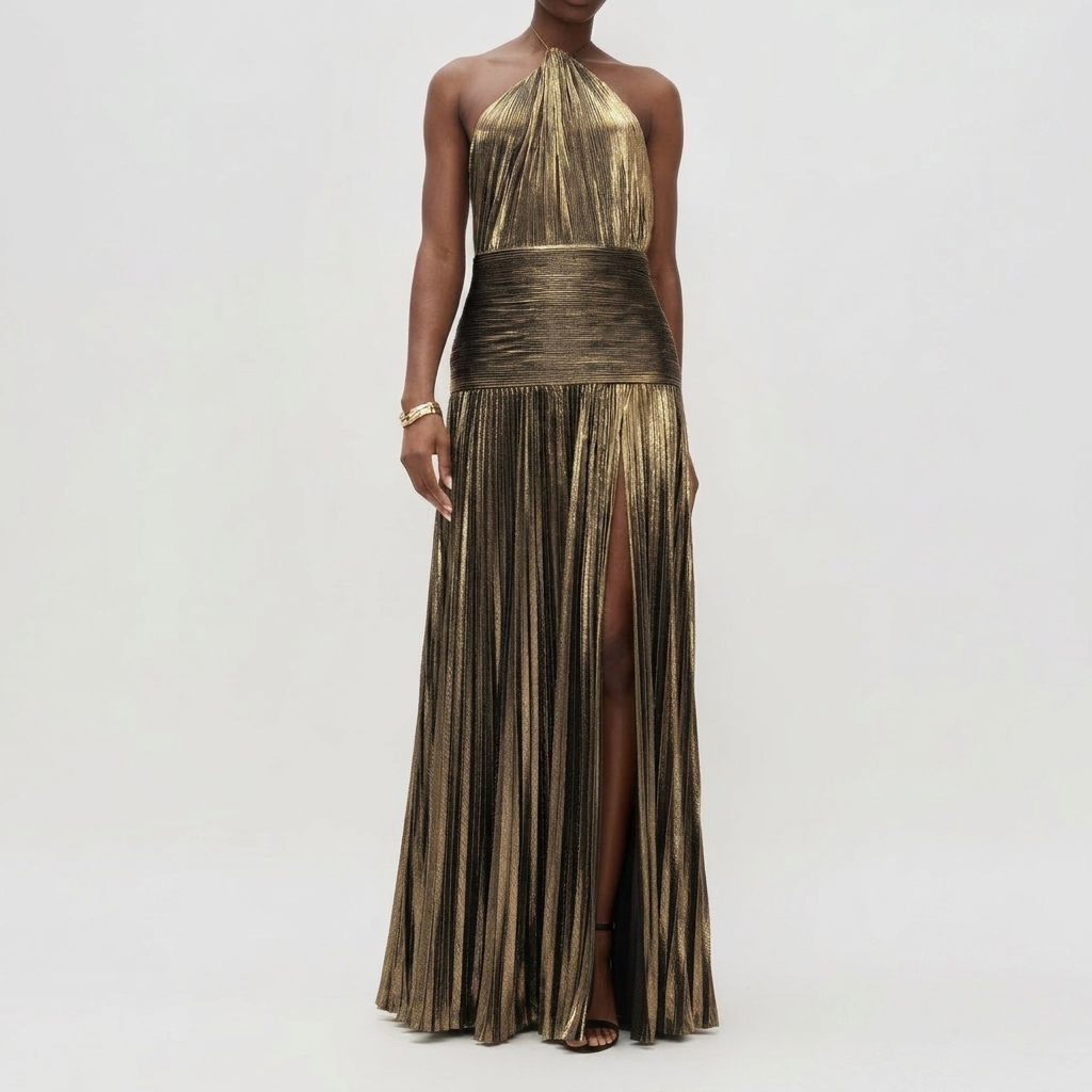 Gefaltetes Halter Neck Langes Kleid Geteilt Ärmellos Abend Party