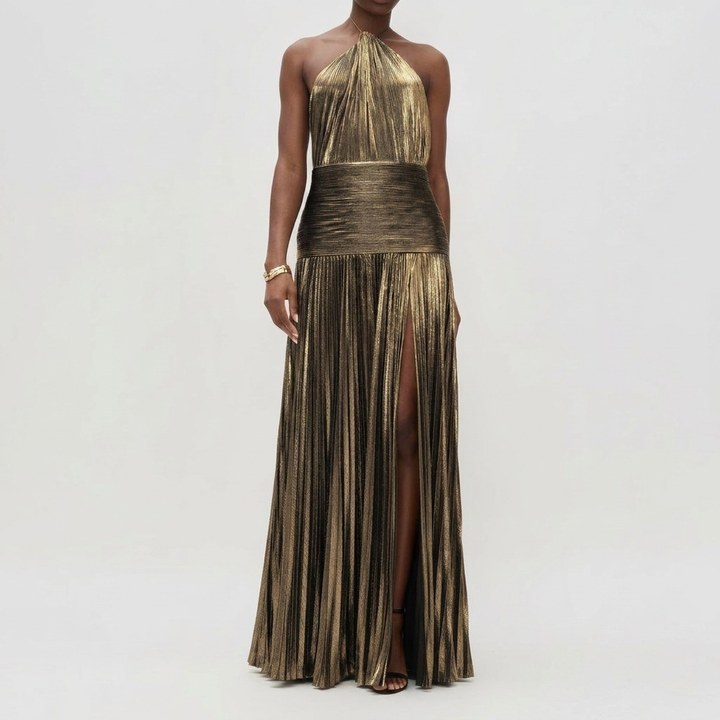Gefaltetes Halter Neck Langes Kleid Geteilt Ärmellos Abend Party