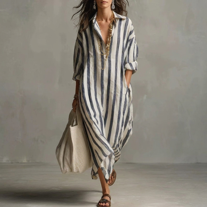 Gestreiftes Reverskragen Kleid Mit Seitenschlitzen Und Taschen