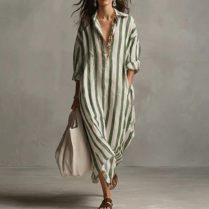 Gestreiftes Reverskragen Kleid Mit Seitenschlitzen Und Taschen