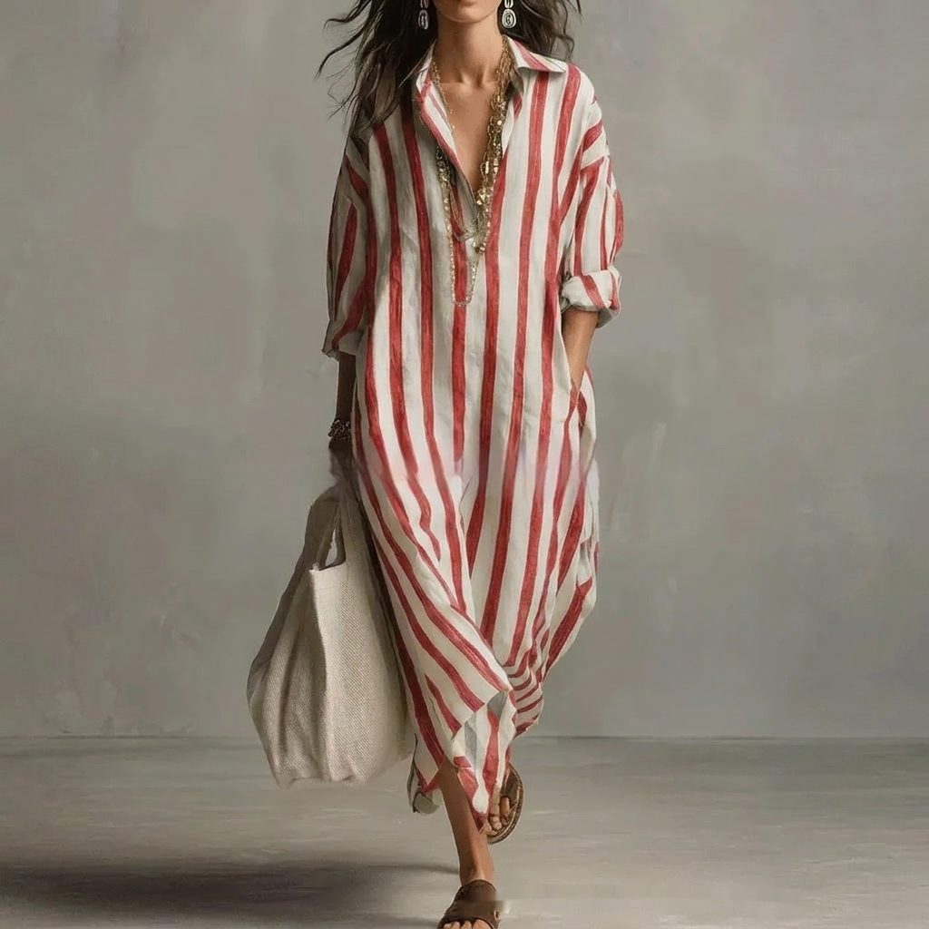 Gestreiftes Reverskragen Kleid Mit Seitenschlitzen Und Taschen