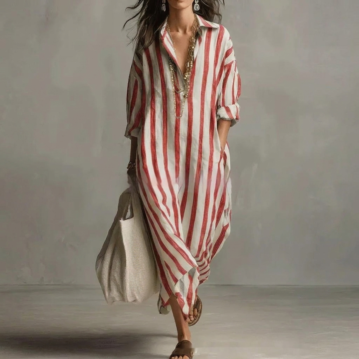 Gestreiftes Reverskragen Kleid Mit Seitenschlitzen Und Taschen
