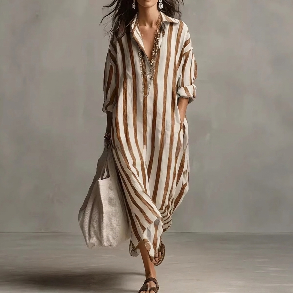 Gestreiftes Reverskragen Kleid Mit Seitenschlitzen Und Taschen