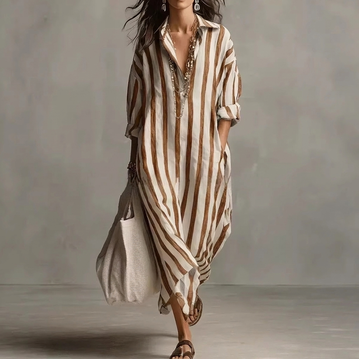 Gestreiftes Reverskragen Kleid Mit Seitenschlitzen Und Taschen