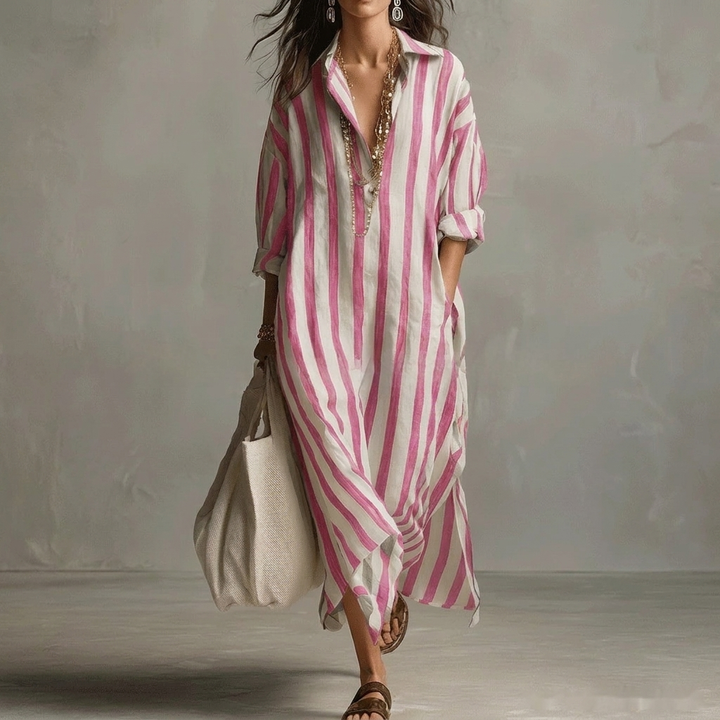 Gestreiftes Reverskragen Kleid Mit Seitenschlitzen Und Taschen